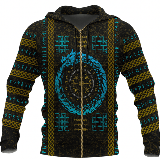 Viking Style Zip Hoodie - Dragon Vegvisir with Runic Scandinavian A39 VKNGB