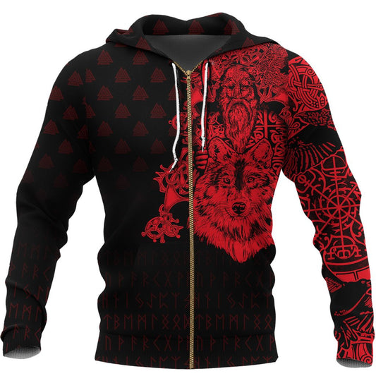 Viking Zip Hoodie - Old Norse Odin Tattoo - Red A39 VKNGB