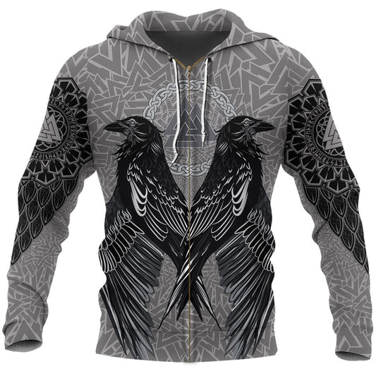 VikingStyle Zip Hoodie Raven Valknut A39 VKNGB