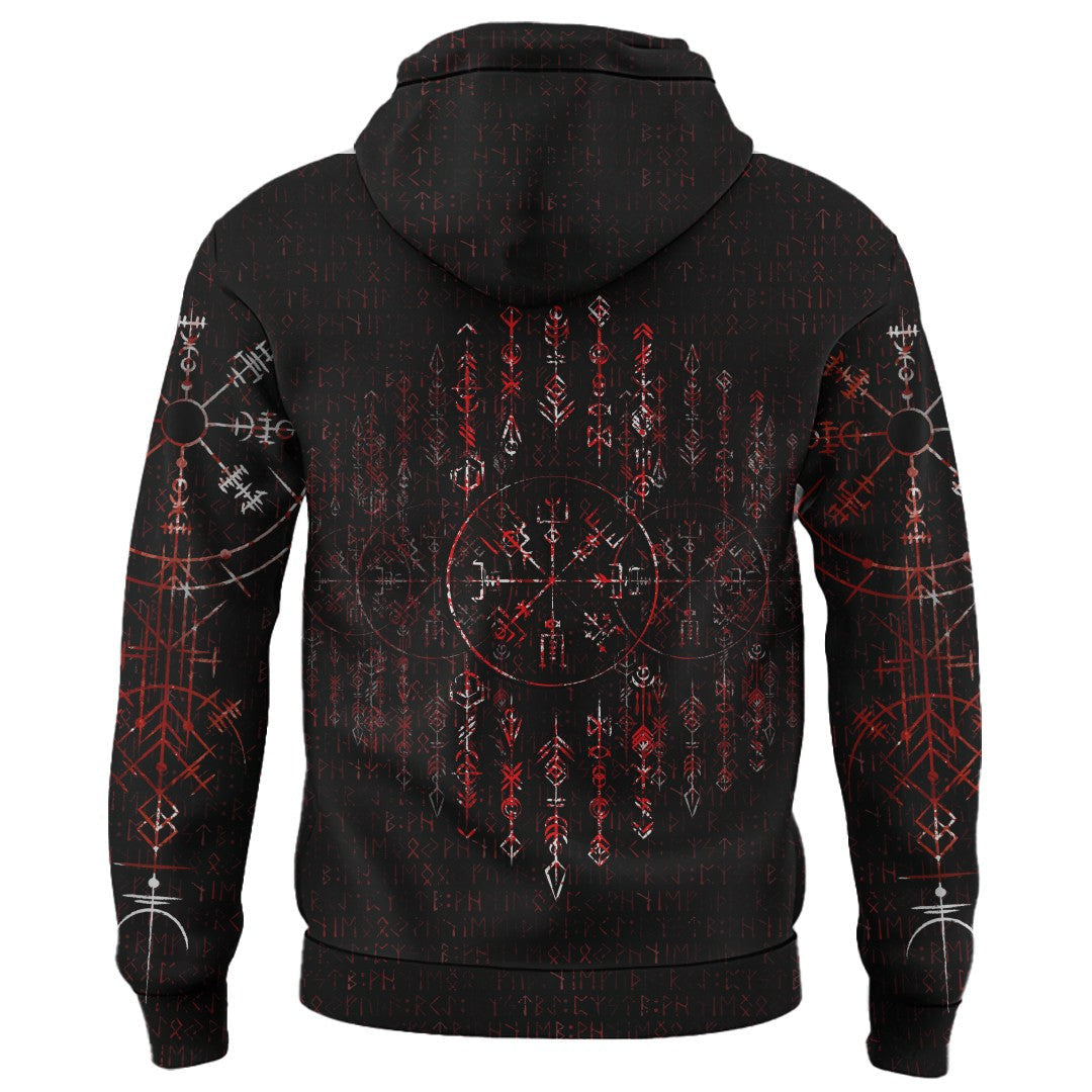 Viking Style Hoodie - Vegvisir Dark Runic Grunge Blood A39 VKNGB