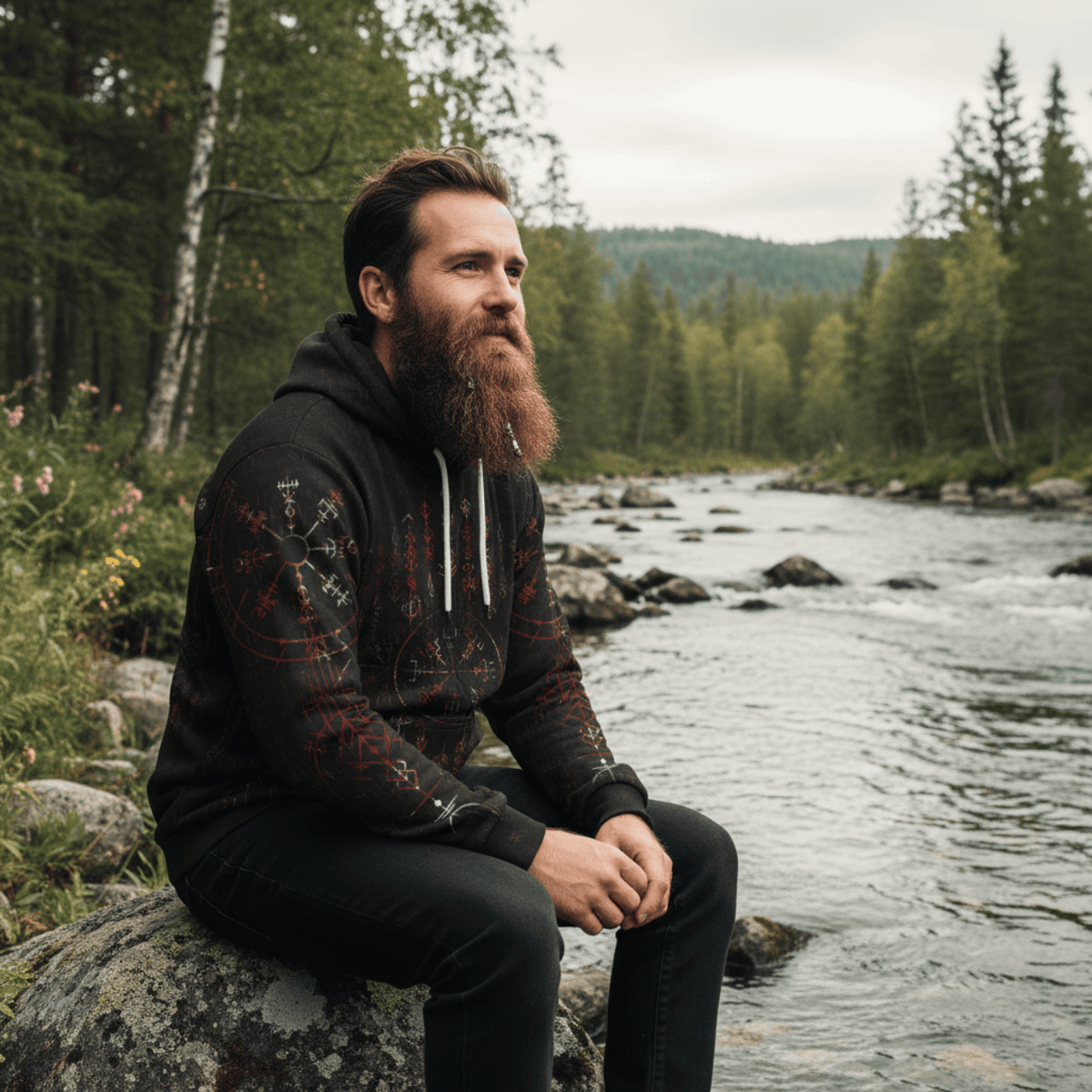Viking Style Hoodie - Vegvisir Dark Runic Grunge Blood A39 VKNGB