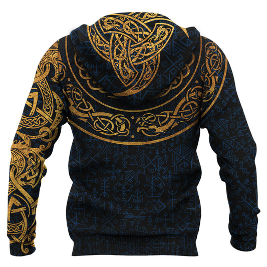 Viking Style Hoodie - Gold Dragon Triple Horns Vegvisir A39 VKNGB
