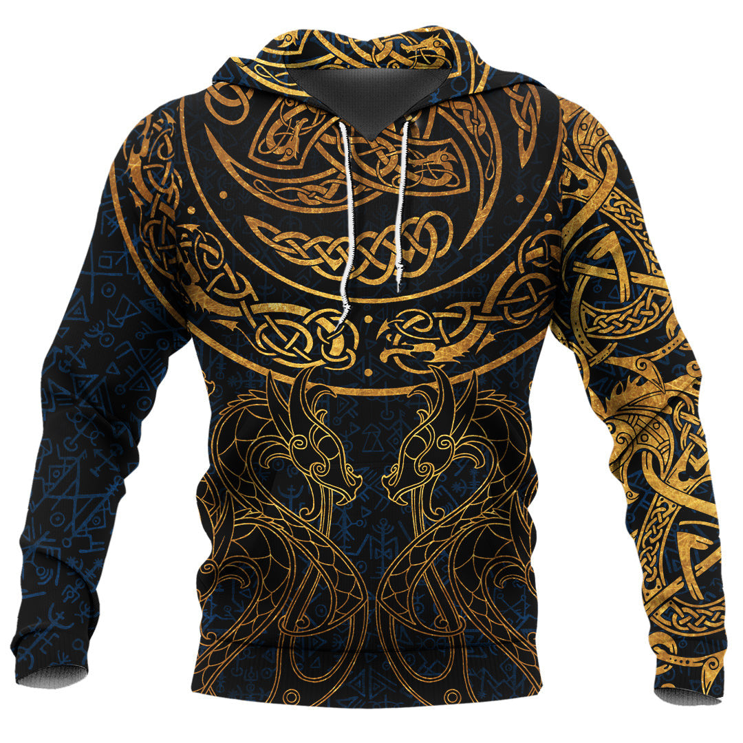 Viking Style Hoodie - Gold Dragon Triple Horns Vegvisir A39 VKNGB