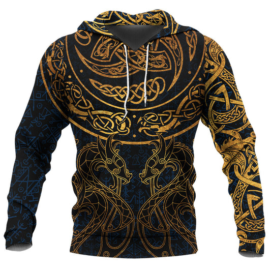 Viking Style Hoodie - Gold Dragon Triple Horns Vegvisir A39 VKNGB