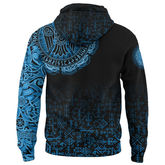 Viking Style Zip Hoodie - Raven Celtic Cyan A39 VKNGB