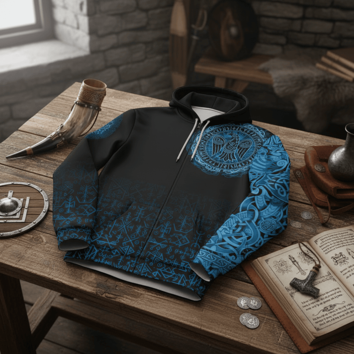 Viking Style Zip Hoodie - Raven Celtic Cyan A39 VKNGB