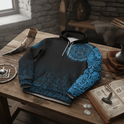 Viking Style Zip Hoodie - Raven Celtic Cyan A39 VKNGB