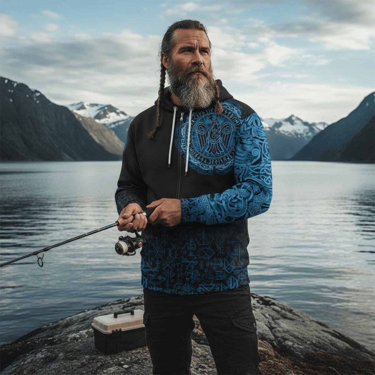 Viking Style Zip Hoodie - Raven Celtic Cyan A39 VKNGB