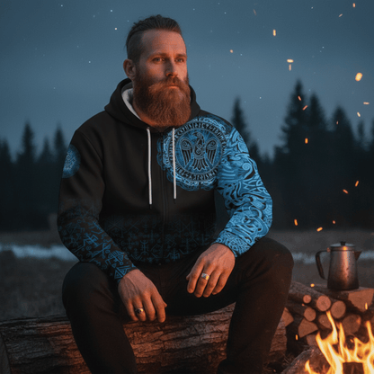 Viking Style Zip Hoodie - Raven Celtic Cyan A39 VKNGB
