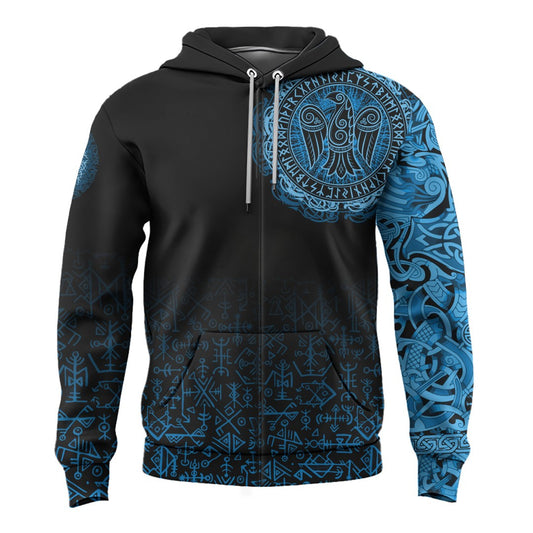 Viking Style Zip Hoodie - Raven Celtic Cyan A39 VKNGB
