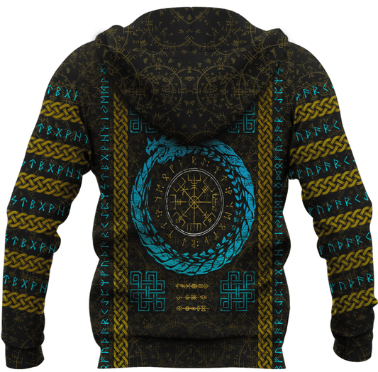 Viking Style Hoodie - Dragon Vegvisir with Runic Scandinavian A39 VKNGB
