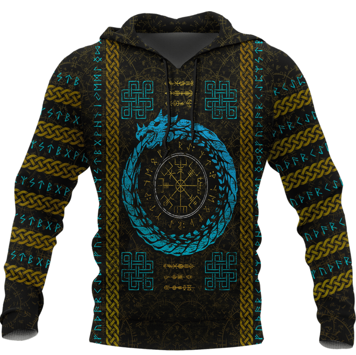 Viking Style Hoodie - Dragon Vegvisir with Runic Scandinavian A39 VKNGB