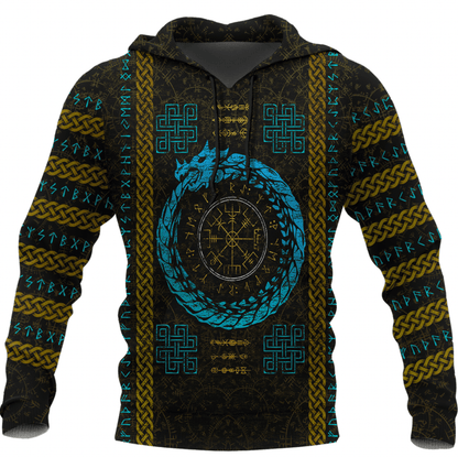 Viking Style Hoodie - Dragon Vegvisir with Runic Scandinavian A39 VKNGB