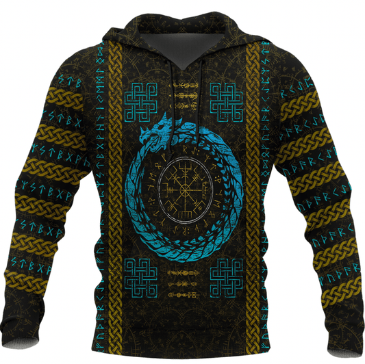 Viking Style Hoodie - Dragon Vegvisir with Runic Scandinavian A39 VKNGB