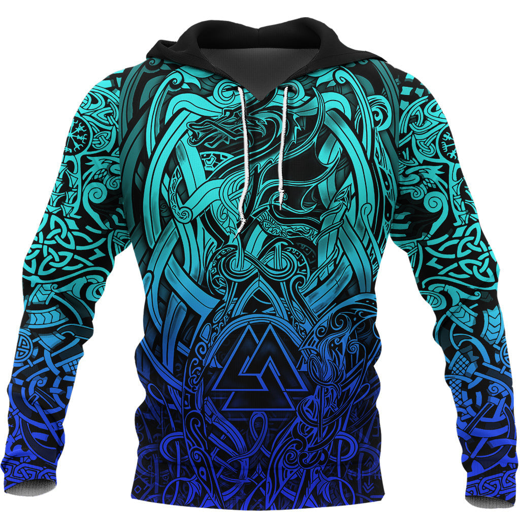 Viking Style Hoodie - Valknut and Dragon Tattoo Special Blue A39 VKNGB
