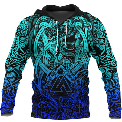 Viking Style Hoodie - Valknut and Dragon Tattoo Special Blue A39 VKNGB