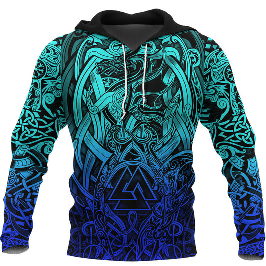 Viking Style Hoodie - Valknut and Dragon Tattoo Special Blue A39 VKNGB