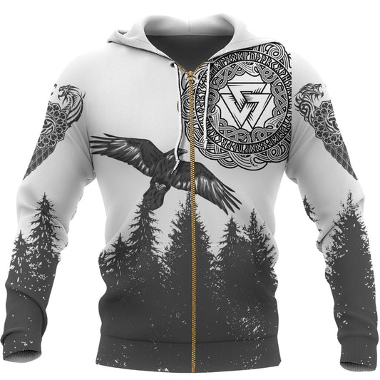 Viking Style Raven And Wolf In Pine Forest Zip Hoodie A39 VKNGB
