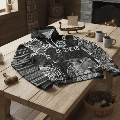 Viking Style Zip Hoodie - Odin And Raven Tattoo A39 VKNGB