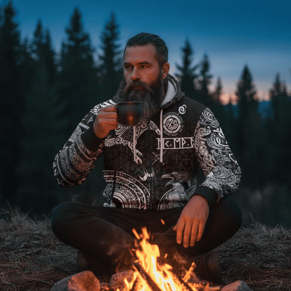 Viking Style Zip Hoodie - Odin And Raven Tattoo A39 VKNGB