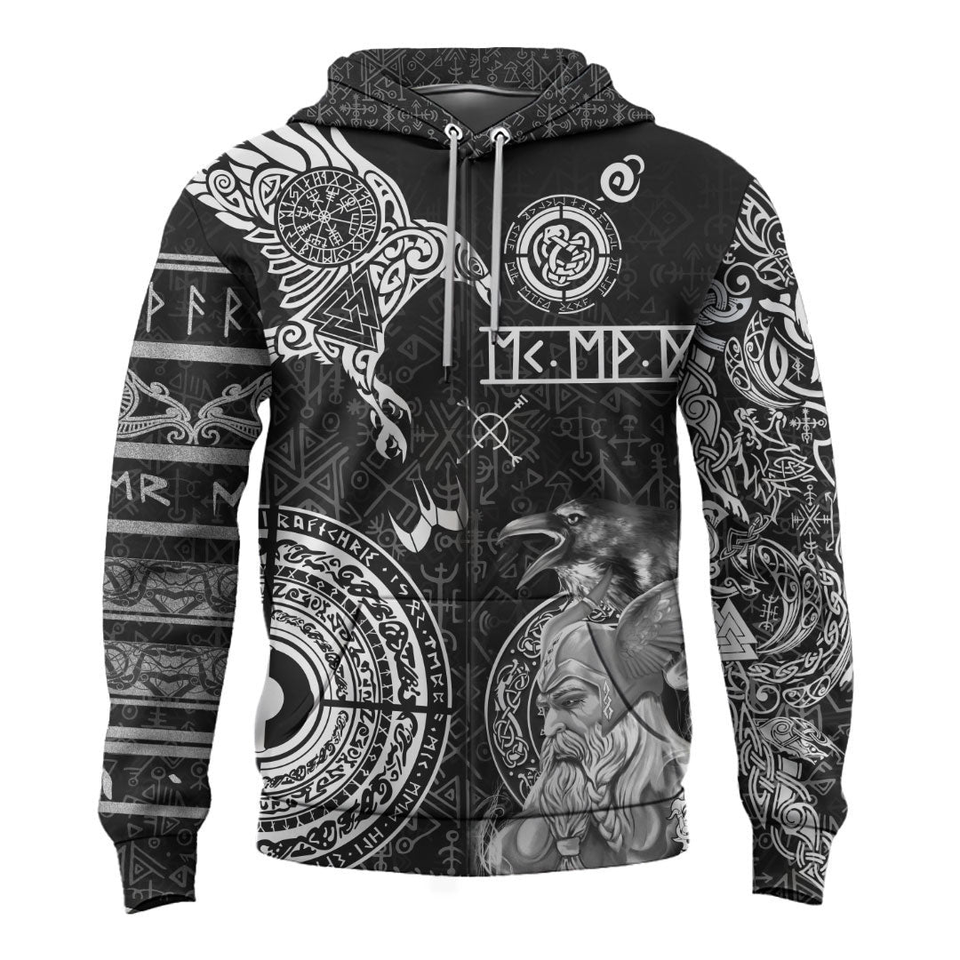 Viking Style Zip Hoodie - Odin And Raven Tattoo A39 VKNGB
