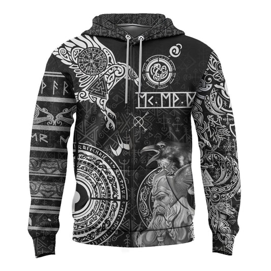 Viking Style Zip Hoodie - Odin And Raven Tattoo A39 VKNGB