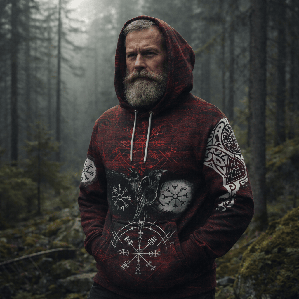Viking Style - Hoodie Raven of Odin and Symbol Viking on Blood Background A39 VKNGB