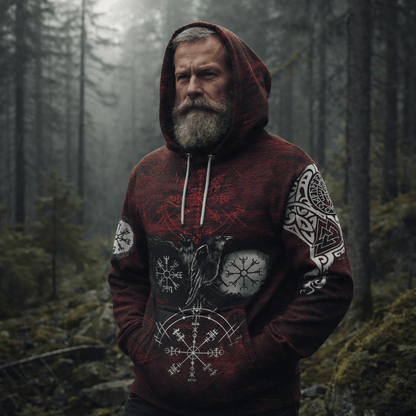 Viking Style - Hoodie Raven of Odin and Symbol Viking on Blood Background A39 VKNGB