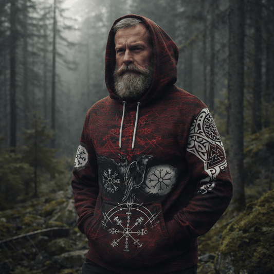Viking Style - Hoodie Raven of Odin and Symbol Viking on Blood Background A39 VKNGB