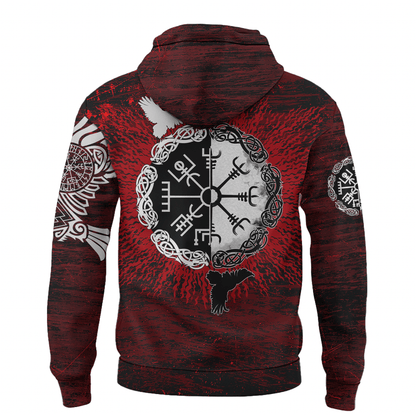 Viking Style - Hoodie Raven of Odin and Symbol Viking on Blood Background A39 VKNGB