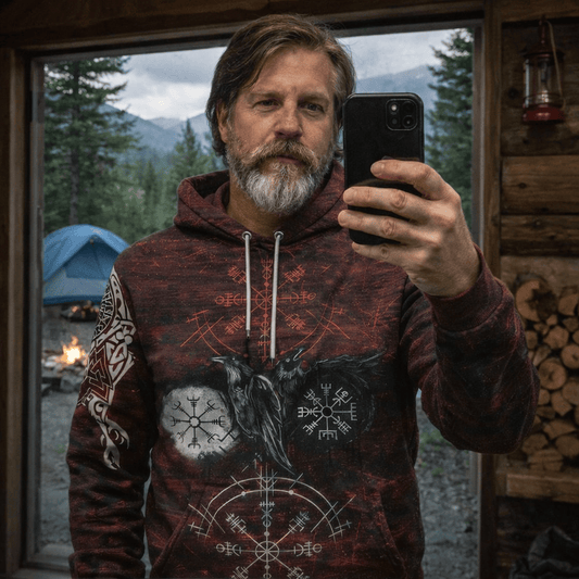 Viking Style - Hoodie Raven of Odin and Symbol Viking on Blood Background A39 VKNGB