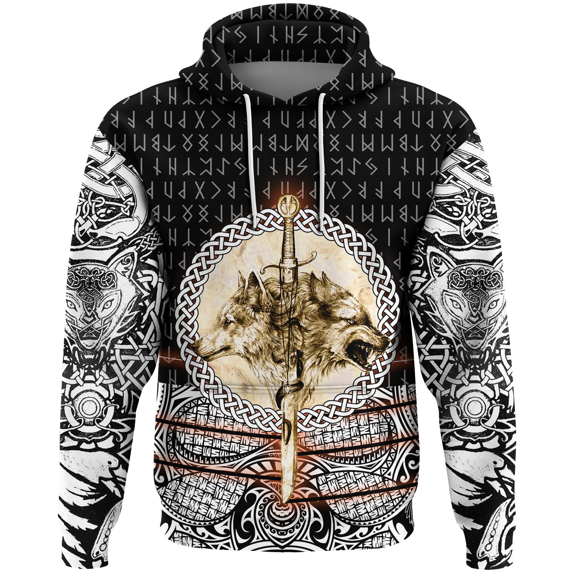 Viking Style Hoodie - Wolf and Vikings Tattoo 3D A39 VKNGB