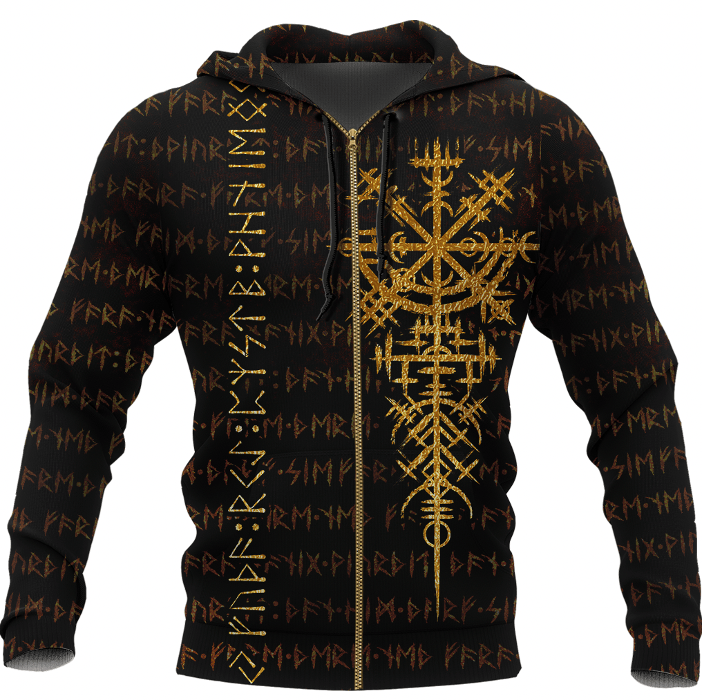 Viking Style Zip Hoodie - Scandinavian Viking Vegvisir Runic Grunge A39 VKNGB