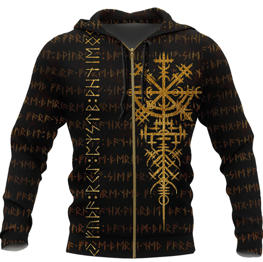 Viking Style Zip Hoodie - Scandinavian Viking Vegvisir Runic Grunge A39 VKNGB