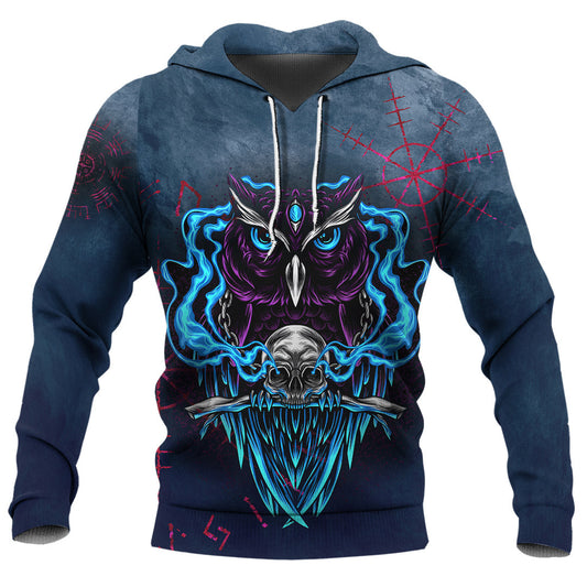 Viking Style Hoodie - Owl and Skull Helm of Awe A39 VKNGB
