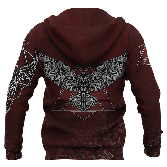 Viking Style Hoodie -  Raven Red Valknut Rune A39 VKNGB