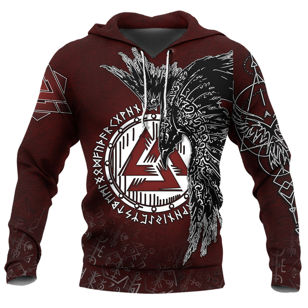 Viking Style Hoodie -  Raven Red Valknut Rune A39 VKNGB