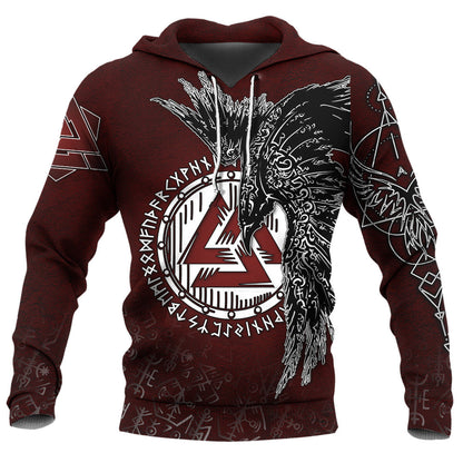 Viking Style Hoodie -  Raven Red Valknut Rune A39 VKNGB