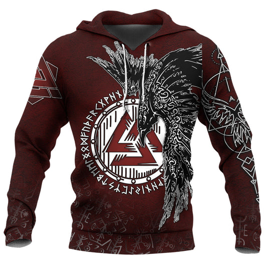 Viking Style Hoodie -  Raven Red Valknut Rune A39 VKNGB
