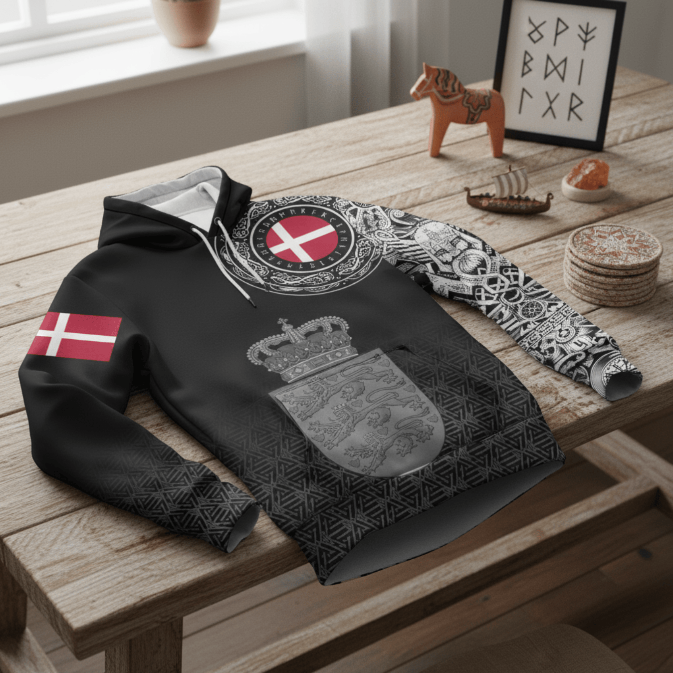 Viking Style Hoodie - Denmark Coat Of Arms A39 VKNGB