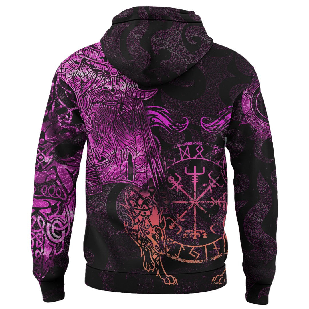 Viking Style Hoodie - Viking Odin Tattoo - Pink Version Wolf Hoodie A39 VKNGB