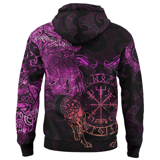 Viking Style Hoodie - Viking Odin Tattoo - Pink Version Wolf Hoodie A39 VKNGB