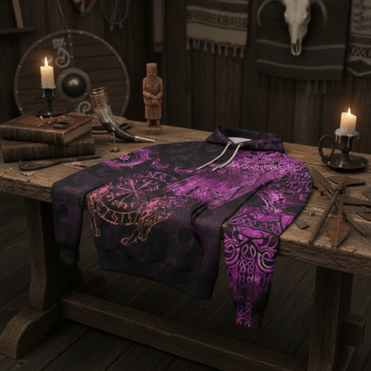 Viking Style Hoodie - Viking Odin Tattoo - Pink Version Wolf Hoodie A39 VKNGB