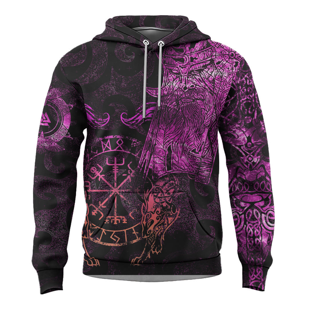 Viking Style Hoodie - Viking Odin Tattoo - Pink Version Wolf Hoodie A39 VKNGB