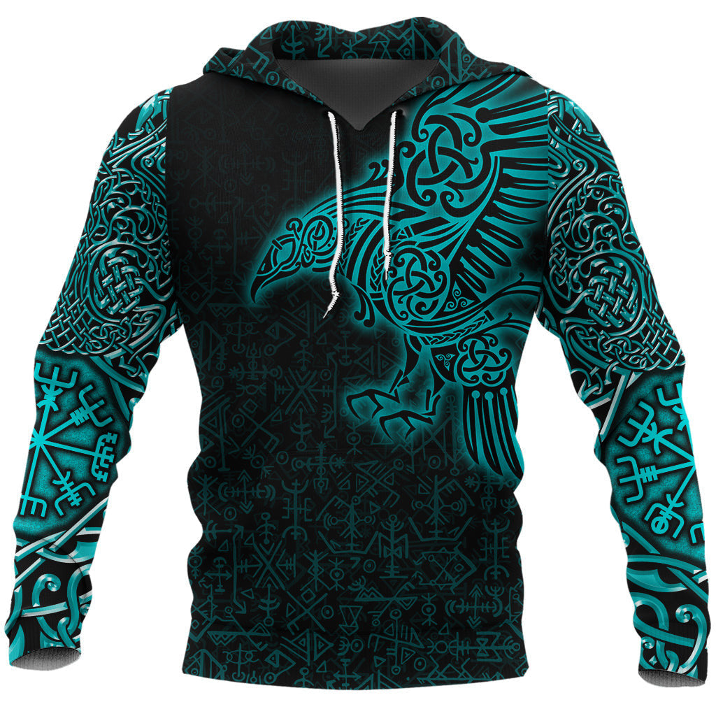 Viking Style Hoodie Raven Mjolnir Yggdrasil Cyan A39 VKNGB