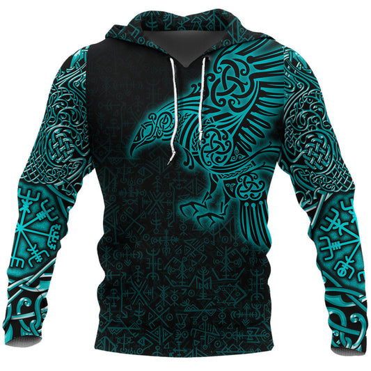 Viking Style Hoodie Raven Mjolnir Yggdrasil Cyan A39 VKNGB