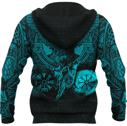 Viking Style Zip Hoodie - God Odin Huginn and Muninn Cyan Tattoo A39 VKNGB