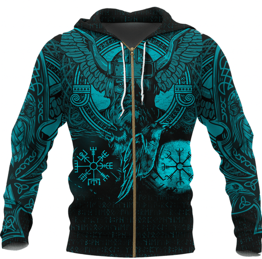 Viking Style Zip Hoodie - God Odin Huginn and Muninn Cyan Tattoo A39 VKNGB