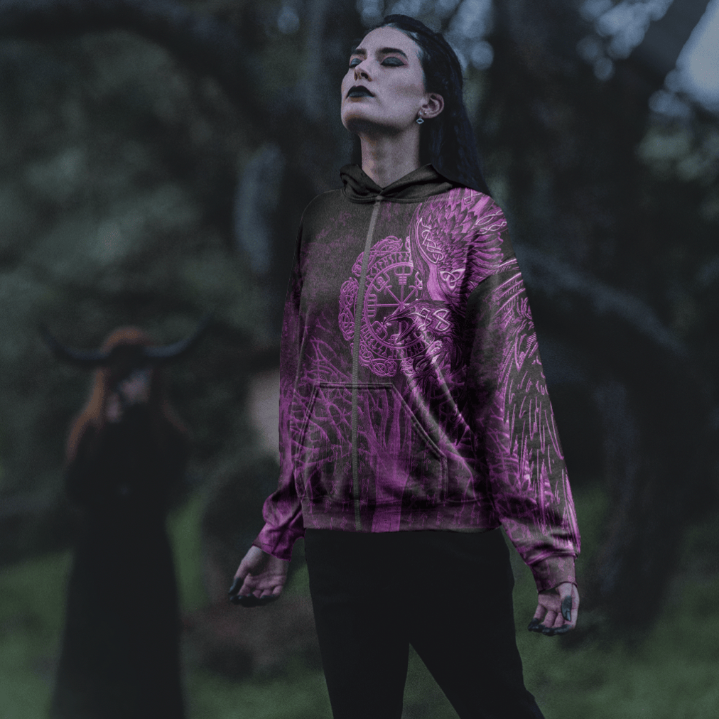 Viking Style Women Zip Hoodie - Vegvisir Raven Viking Pink A39 VKNGB