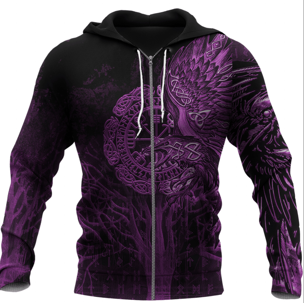 Viking Style Women Zip Hoodie - Vegvisir Raven Viking Pink A39 VKNGB